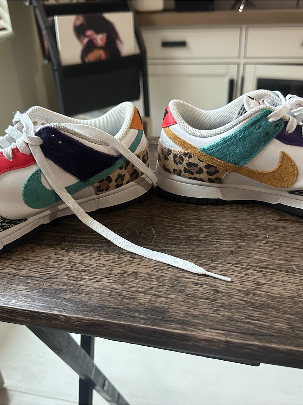 Nike Dunk Low SE White with Gold Swoosh, Teal, Purple & Leopard Accents - Picture 3 of 6